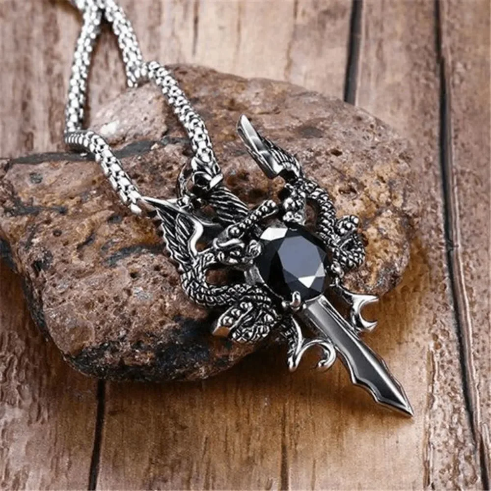 STAINLESS STEEL BLACK DIAMOND TWIN DRAGON CROSS SWORD NECKLACE